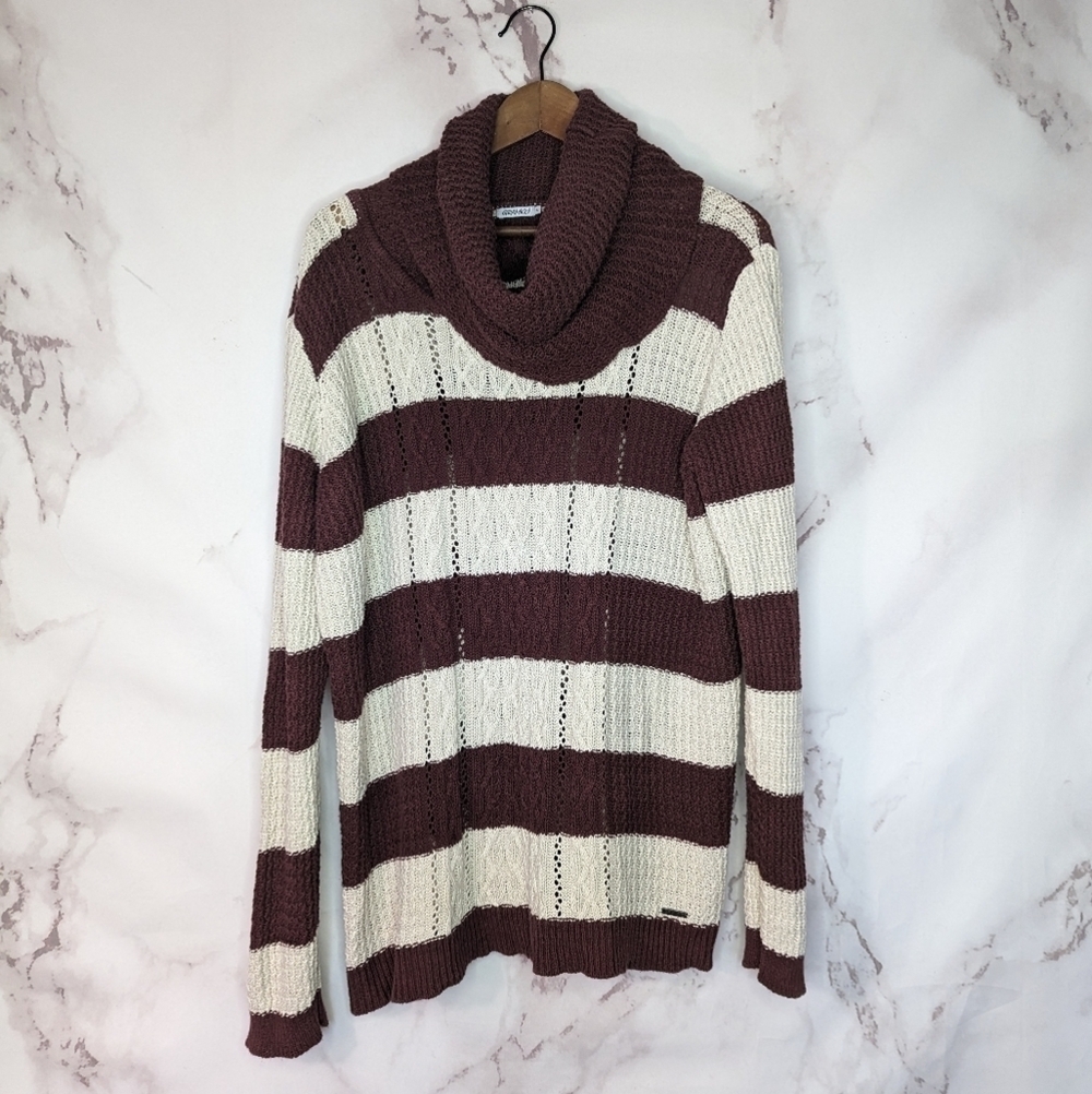 Gramicci Sweater Women Small XL Hemp Cotton Striped Red Cowl Neck Beige